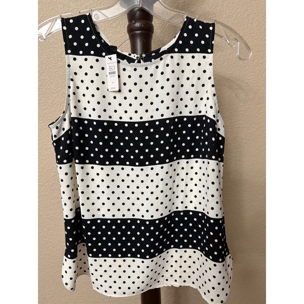 Talbots Petites Black White Polka Dot Striped Sleeveless Shell Top Blouse P NWT